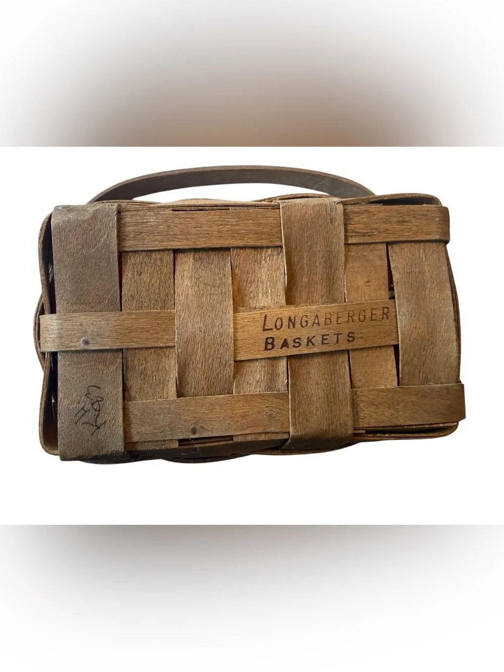 Longaberger Small Rectangular Basket Burgundy Liner Swing Handle Vintage 7.5”